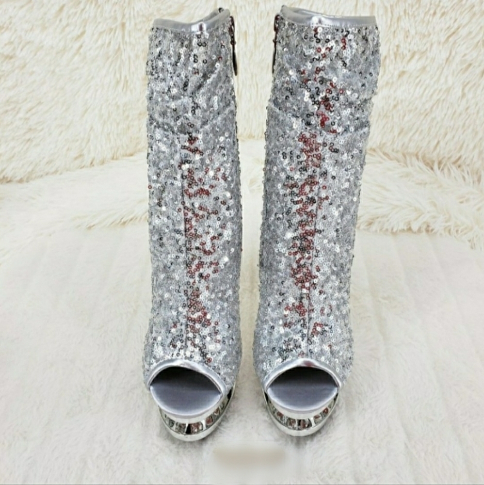 Size 11 Silver Sequin Peep Toe Platform Stiletto UNWORN